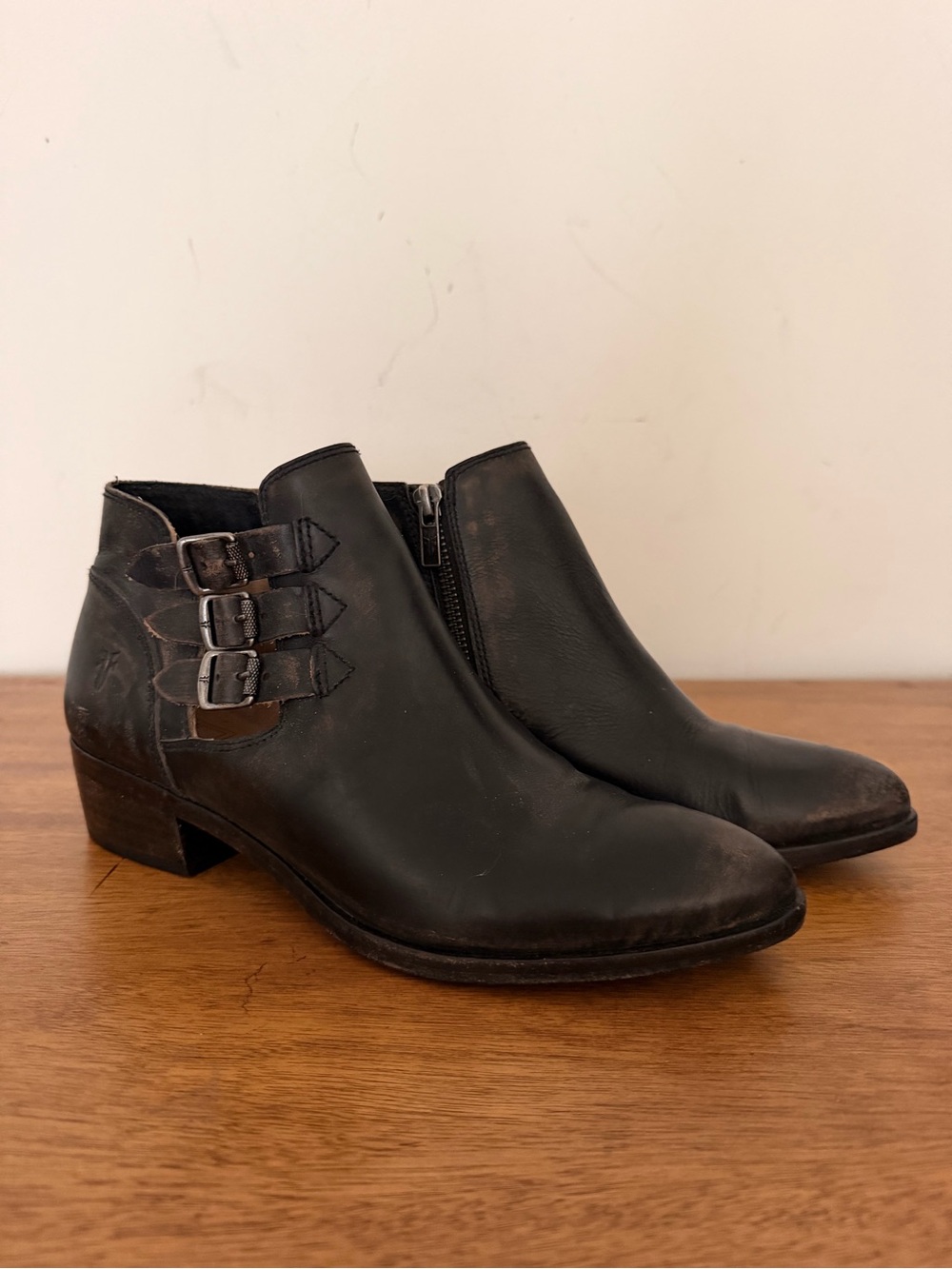 Frye Black Leather Women's Ankle Booties with Triple Side Buckles